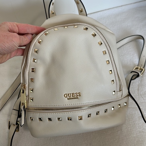 Guess Small Faux Leather Backpack Bag Studded Cream/Off White/Gold - Picture 9 of 16